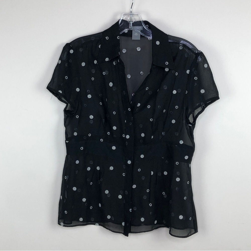 Ann Taylor Petites 10p Black sheer embroidered button down blouse - Picture 1 of 6